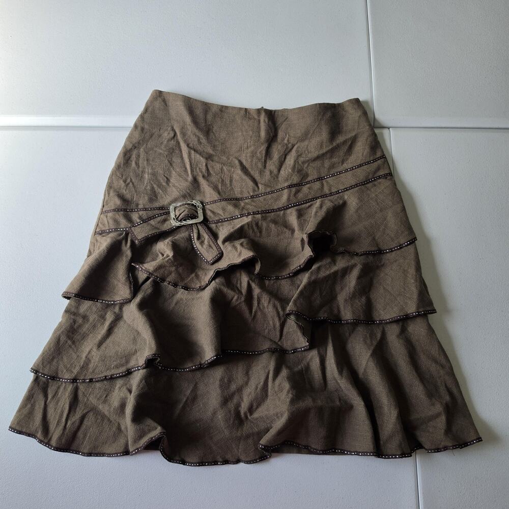Y2K Fairy Grunge Whimsigoth Skirt Large Brown Linen Ruffle Hem Buckle Layered